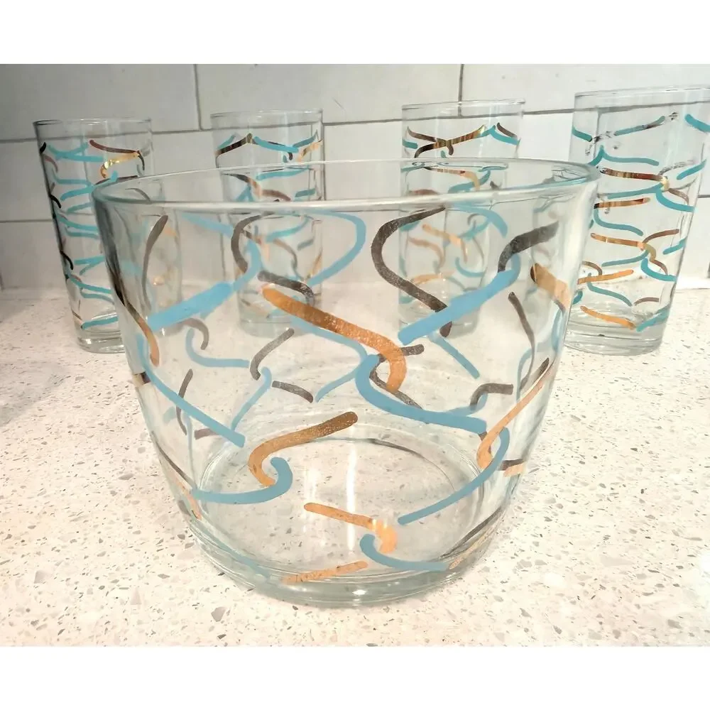 MCM Atomic Squiggle Tumbler Set 8 Ice Bucket Turquoise Gold Vintage Barware 9pc